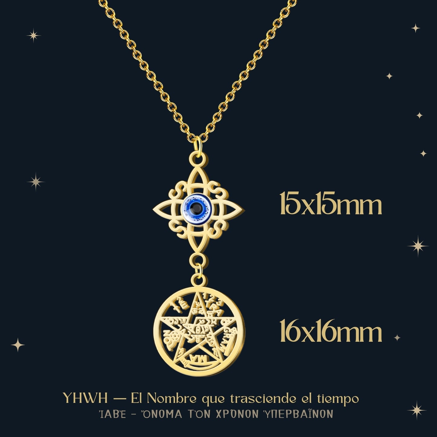 Colgante Tetragramaton con Nudo de Bruja Acero color Dorado