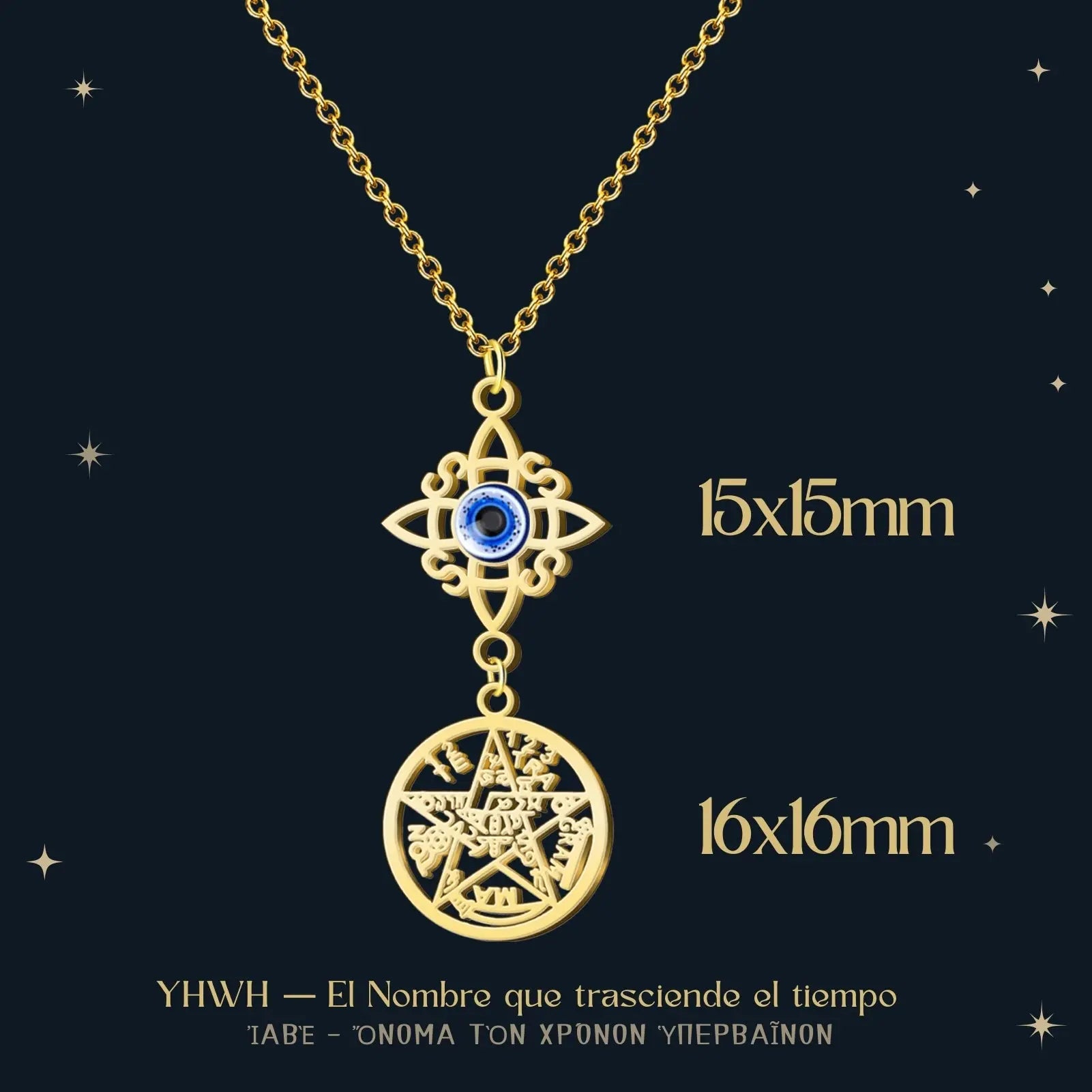 Colgante Tetragrammaton y Nudo de Bruja con Ojo Turco Acero Dorado - cotigo