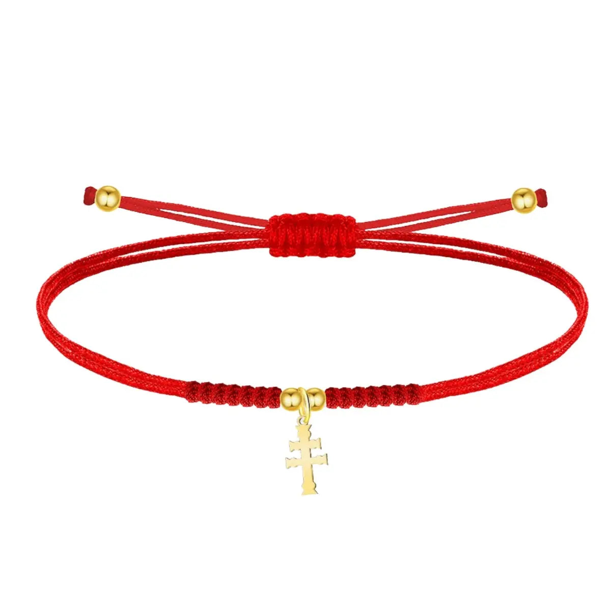 Pulsera de hilo rojo con charm de Cruz de Caravaca en acero dorado, amuleto de protección contra el mal de ojo ajustado con nudos