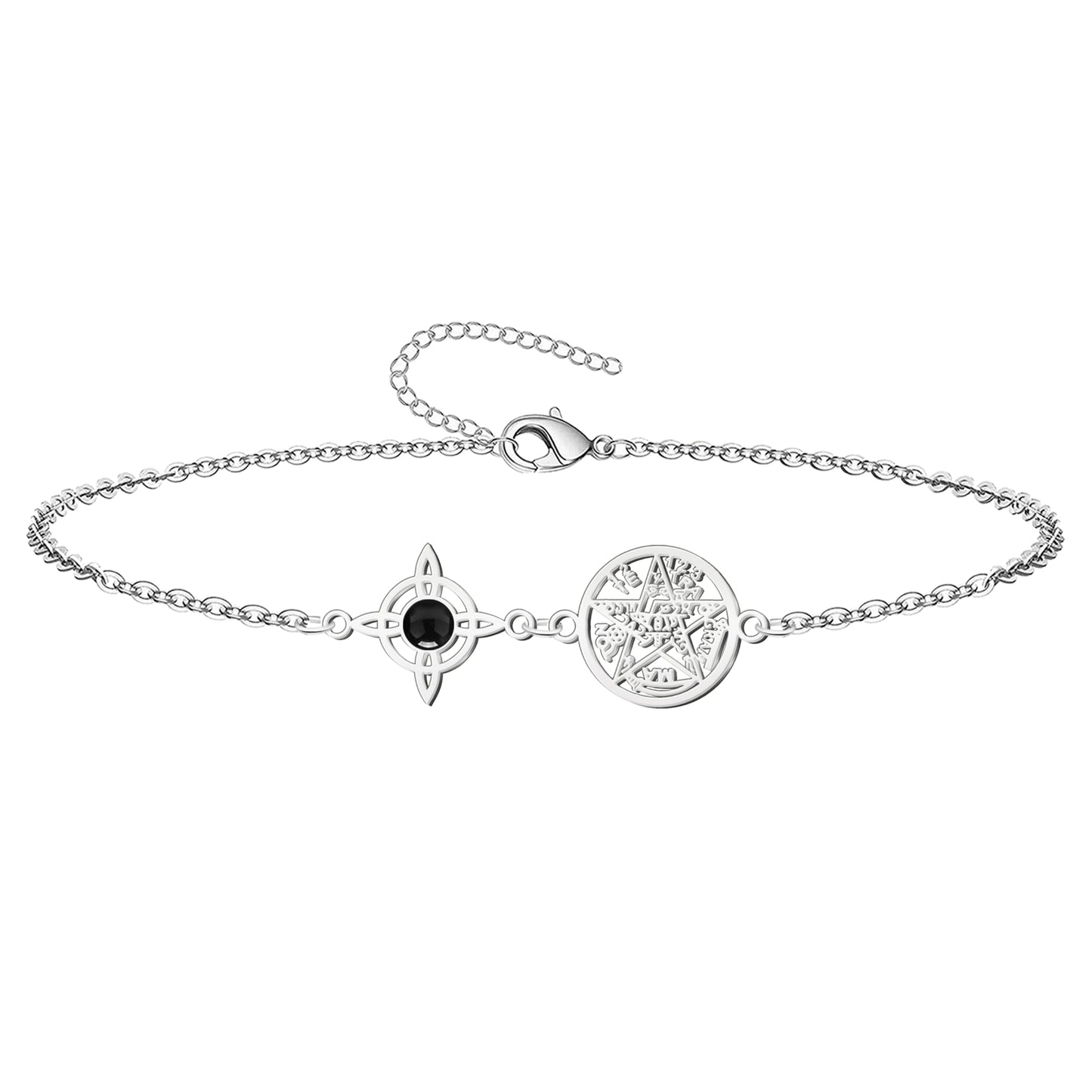 Pulsera Tetragrammaton con Nudo de Bruja y Ágata Negra | Amuleto de Protección y Energía Positiva en Acero Inoxidable