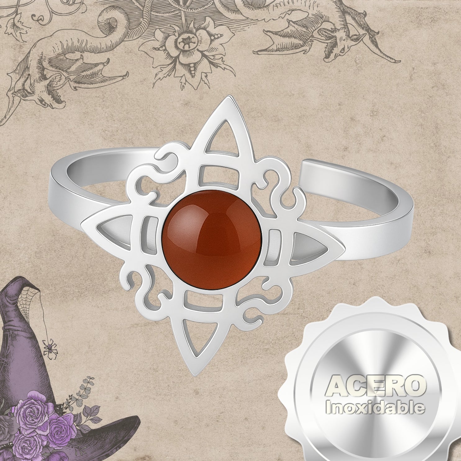 Anillo Nudo de Bruja con Cornalina en Acero Plateado - cotigo