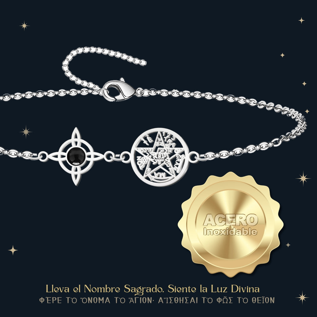 Pulsera Tetragrammaton con Nudo de Bruja y Ágata Negra | Amuleto de Protección y Energía Positiva en Acero Inoxidable - cotigo