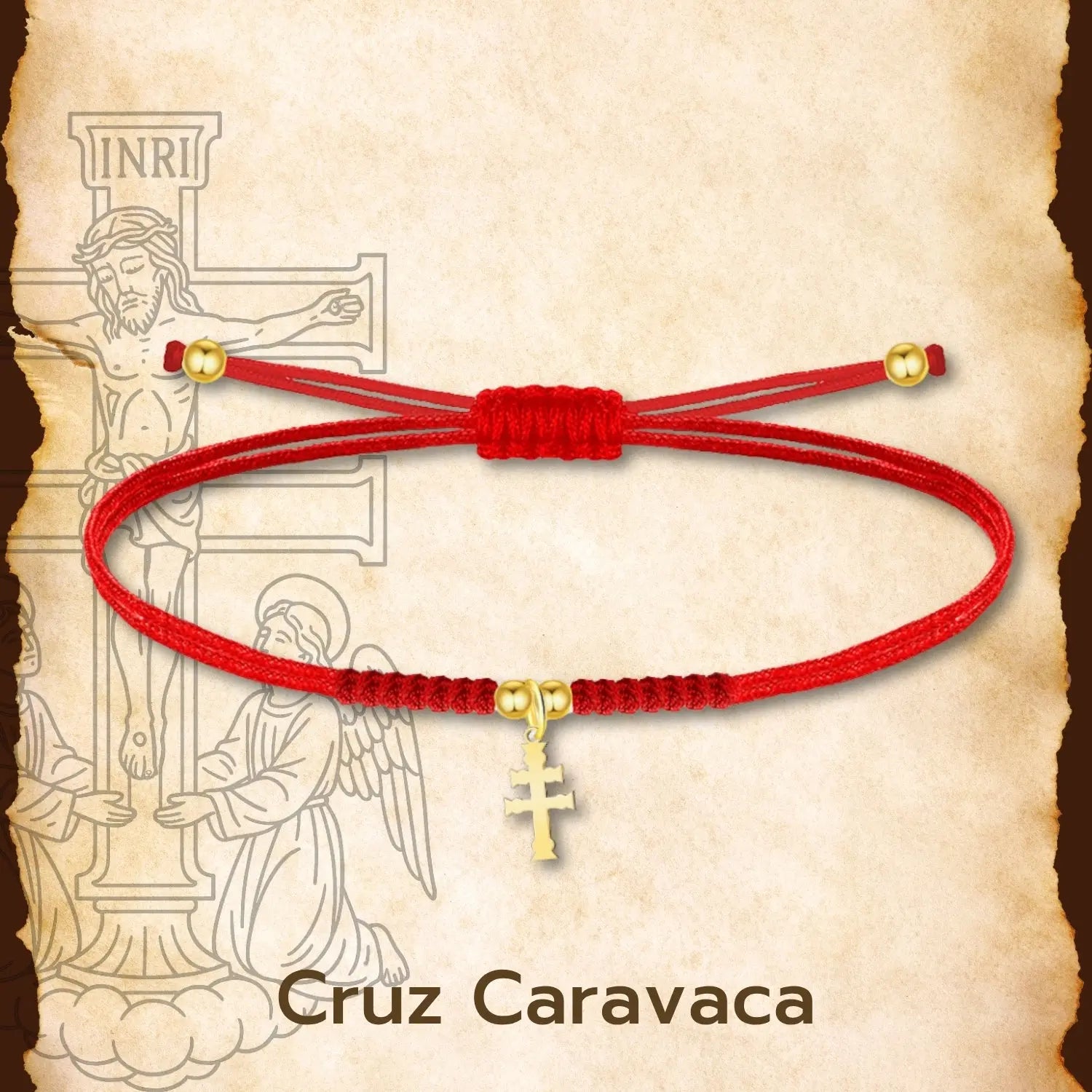 Pulsera Cruz de Caravaca con Hilo Rojo en Acero Dorado detalle