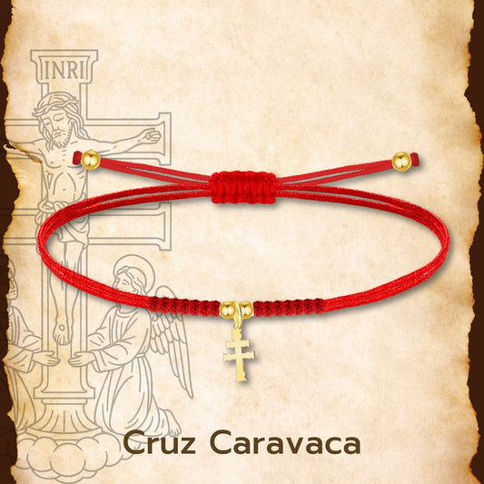 Pulsera Hilo encerado con Cruz Caravaca Acero Dorado