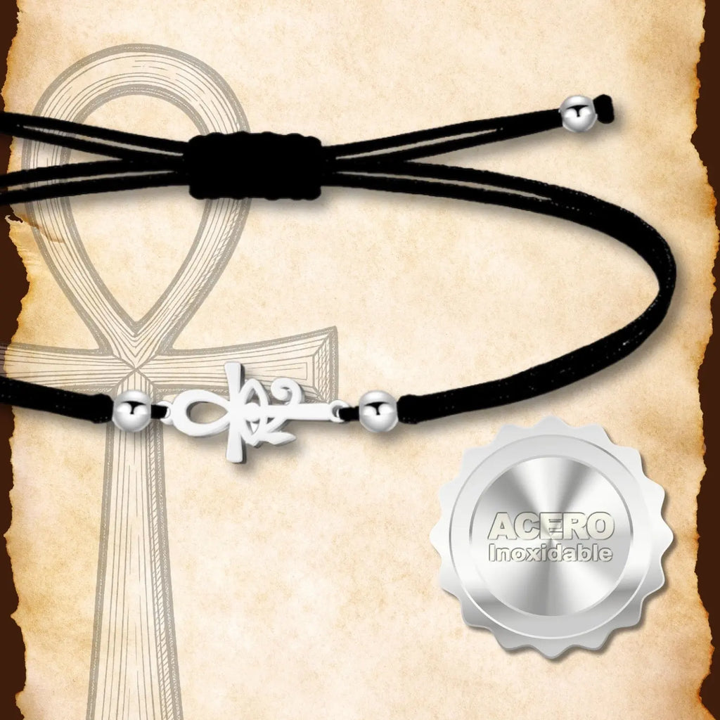 Pulsera de Hilo Negro con Cruz Egipcia Ankh Y Ojo de Horus en Acero Plateado acabado