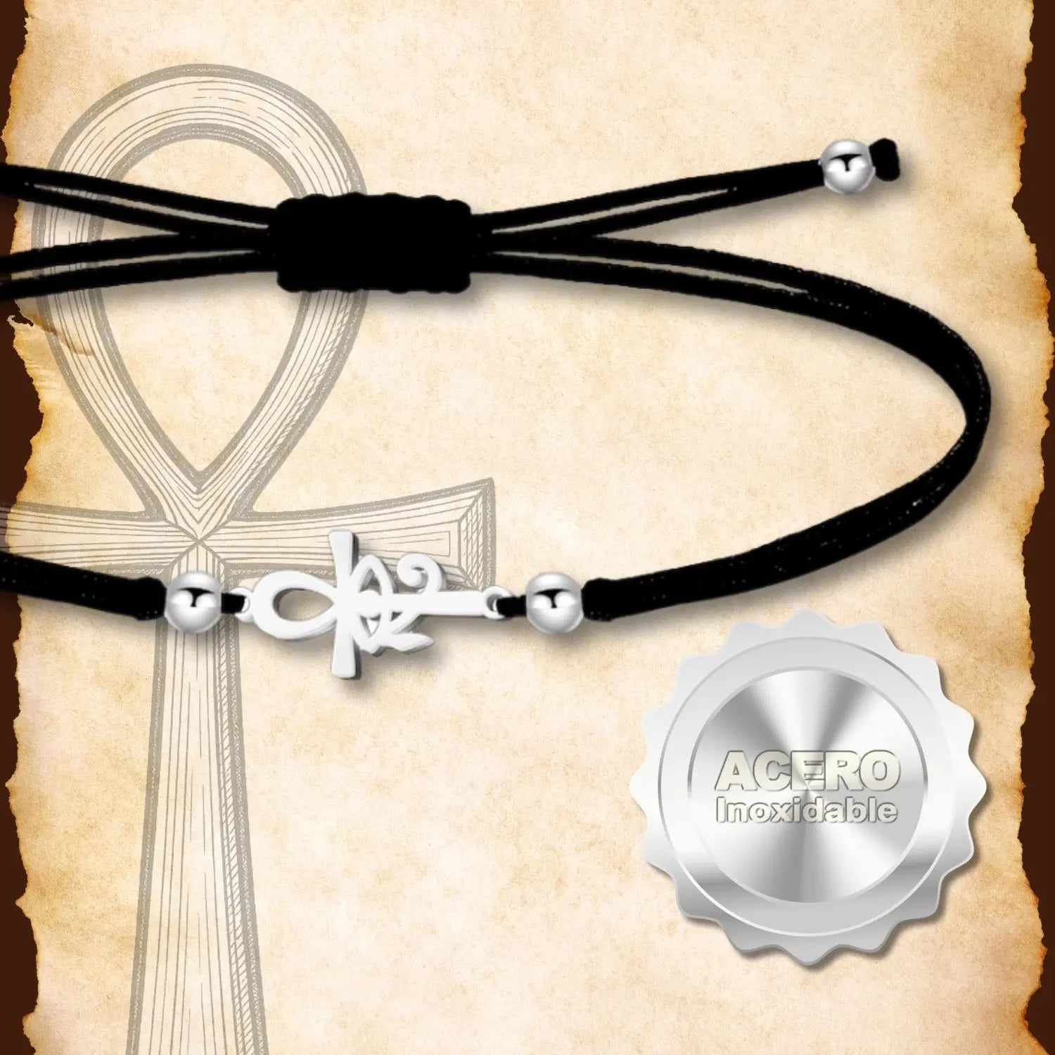 Pulsera Cruz Egipcia y Ojo Horus Plateado de Hilo En.Negro - cotigo