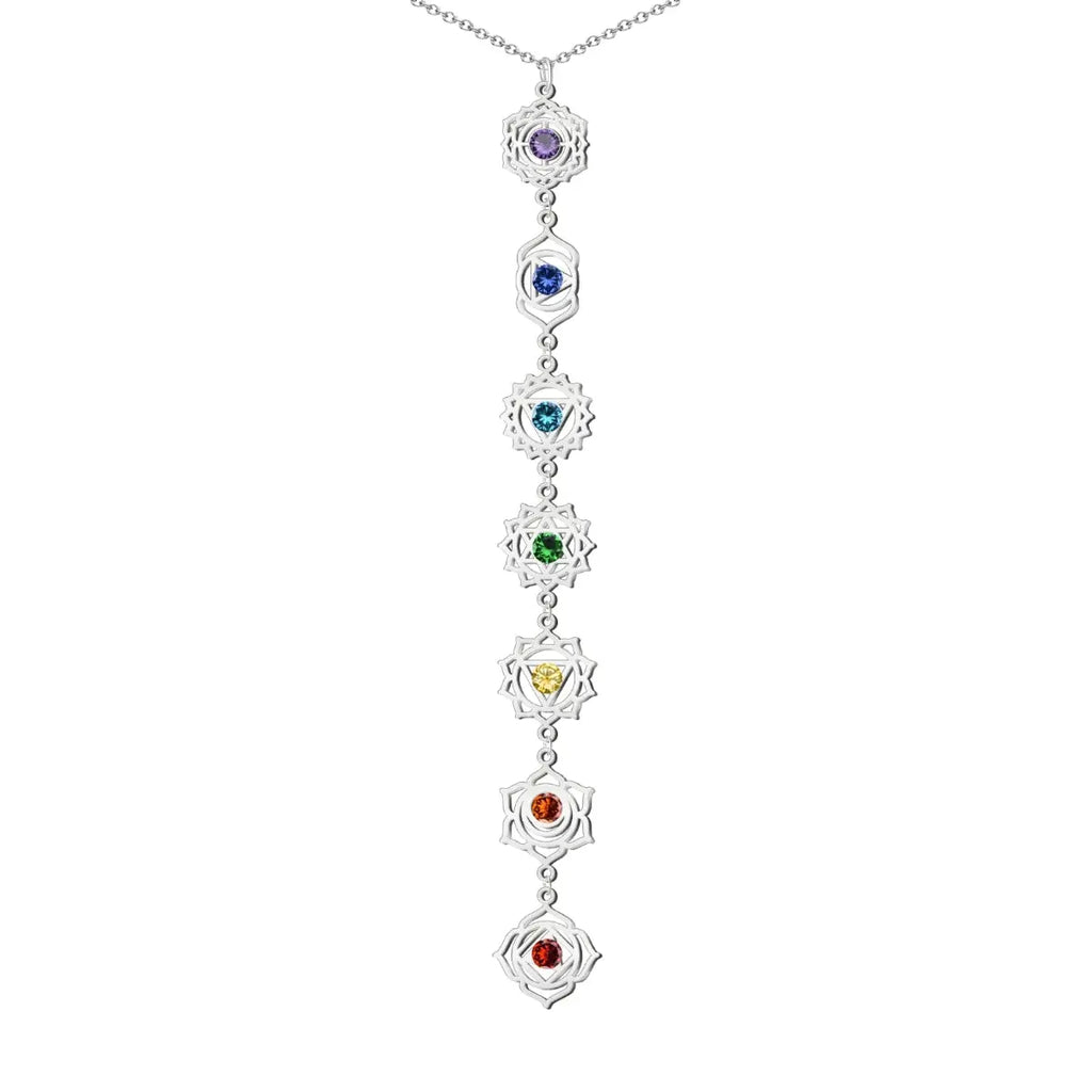 Collar con colgante vertical de los 7 chakras en acero inoxidable plateado diseño alargado con cristales