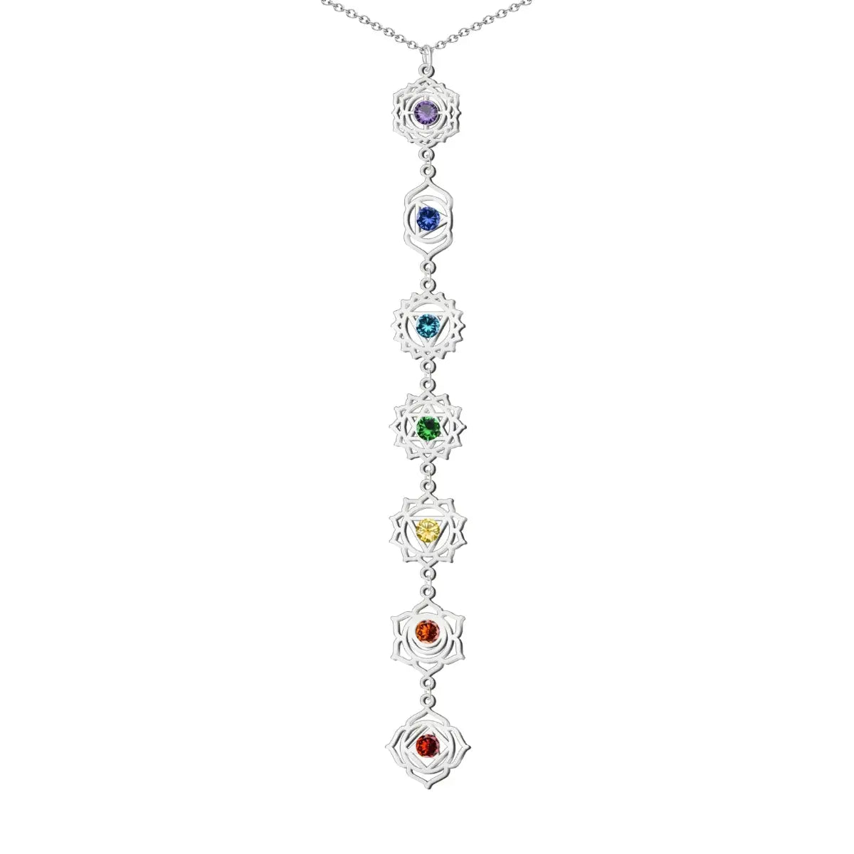Collar con colgante vertical de los 7 chakras en acero inoxidable plateado diseño alargado con cristales