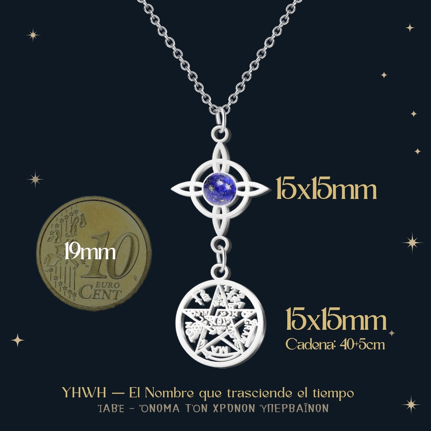 Colgante Tetragrammatón con Nudo de Bruja y Lapislázuli – Amuleto de Protección en Acero Inoxidable