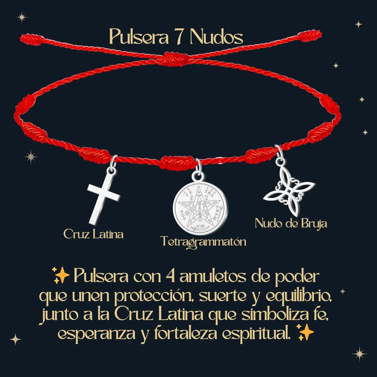 Pulsera 7 Nudos de Triple Protección: Nudo de Bruja, Tetragrámaton Y Cruz Latina en Acero diseño