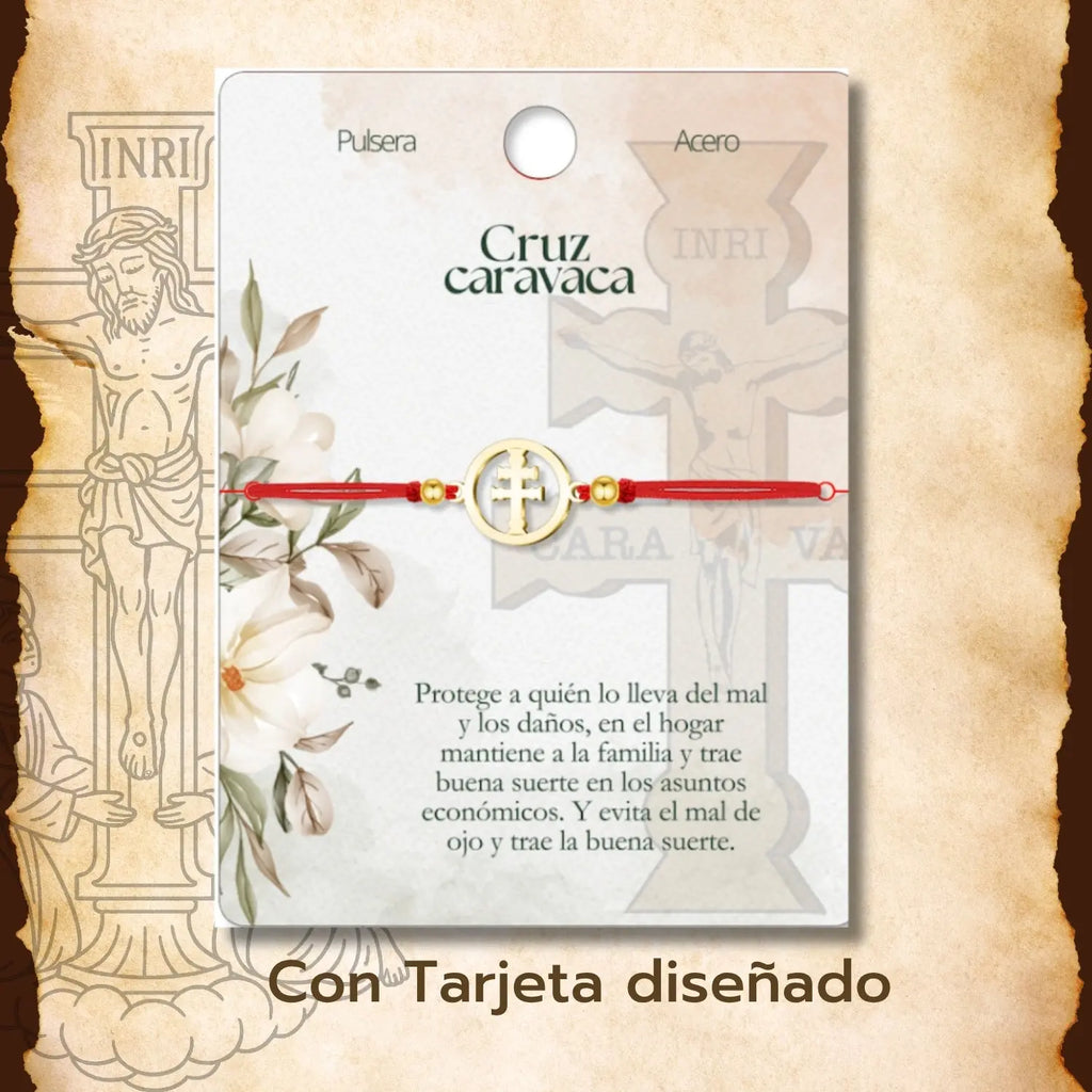 Pulsera Hilo Rojo Cruz de Caravaca en Acero Dorado - cotigo