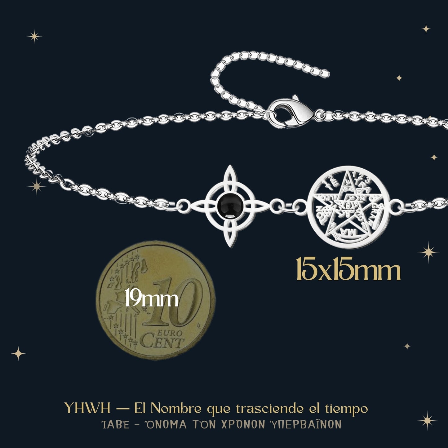 Pulsera Tetragrammaton con Nudo de Bruja y Ágata Negra | Amuleto de Protección y Energía Positiva en Acero Inoxidable