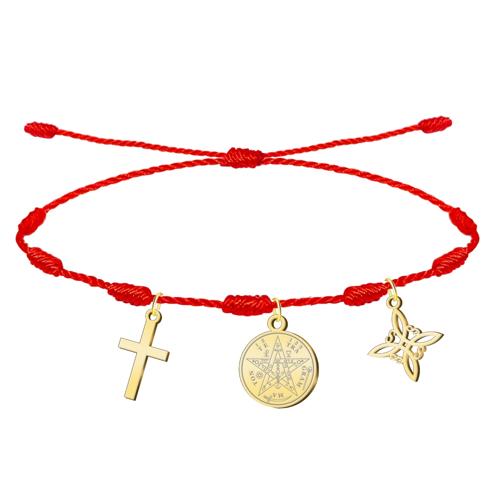 Pulsera de hilo rojo de 7 nudos con tres amuletos dorados: una Cruz Latina, el Tetragrammatón y el Nudo de Bruja.