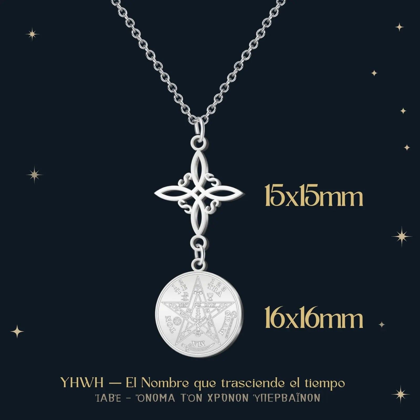 Colgante Medalla de Tetragrammaton y Nudo de Bruja en Acero Plateado - cotigo