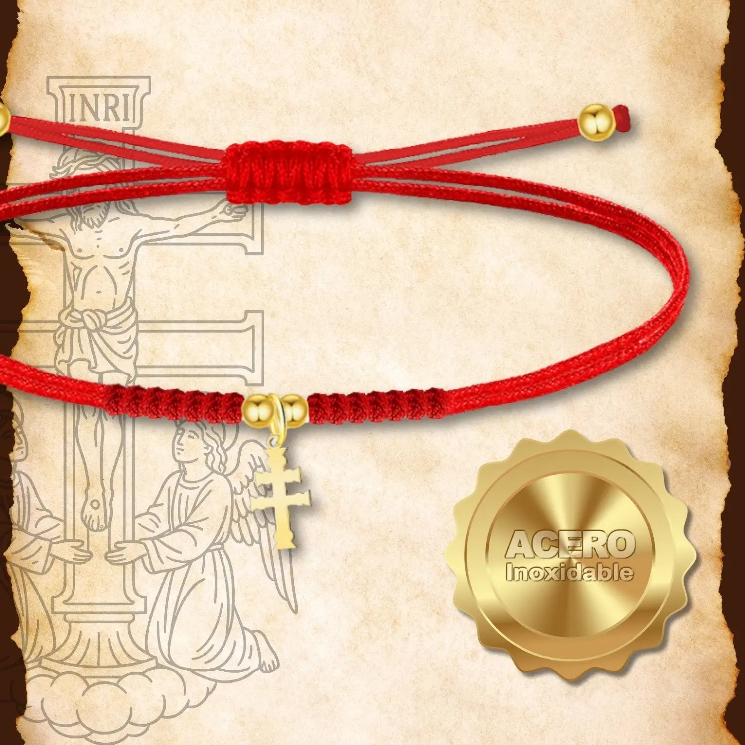 Pulsera Hilo Rojo Cruz de Caravaca en Acero Dorado - cotigo