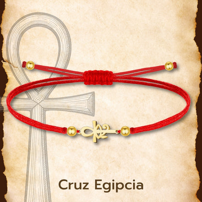 Pulsera Cruz Egipcia y Ojo Horus Dorado de Hilo En.Rojo