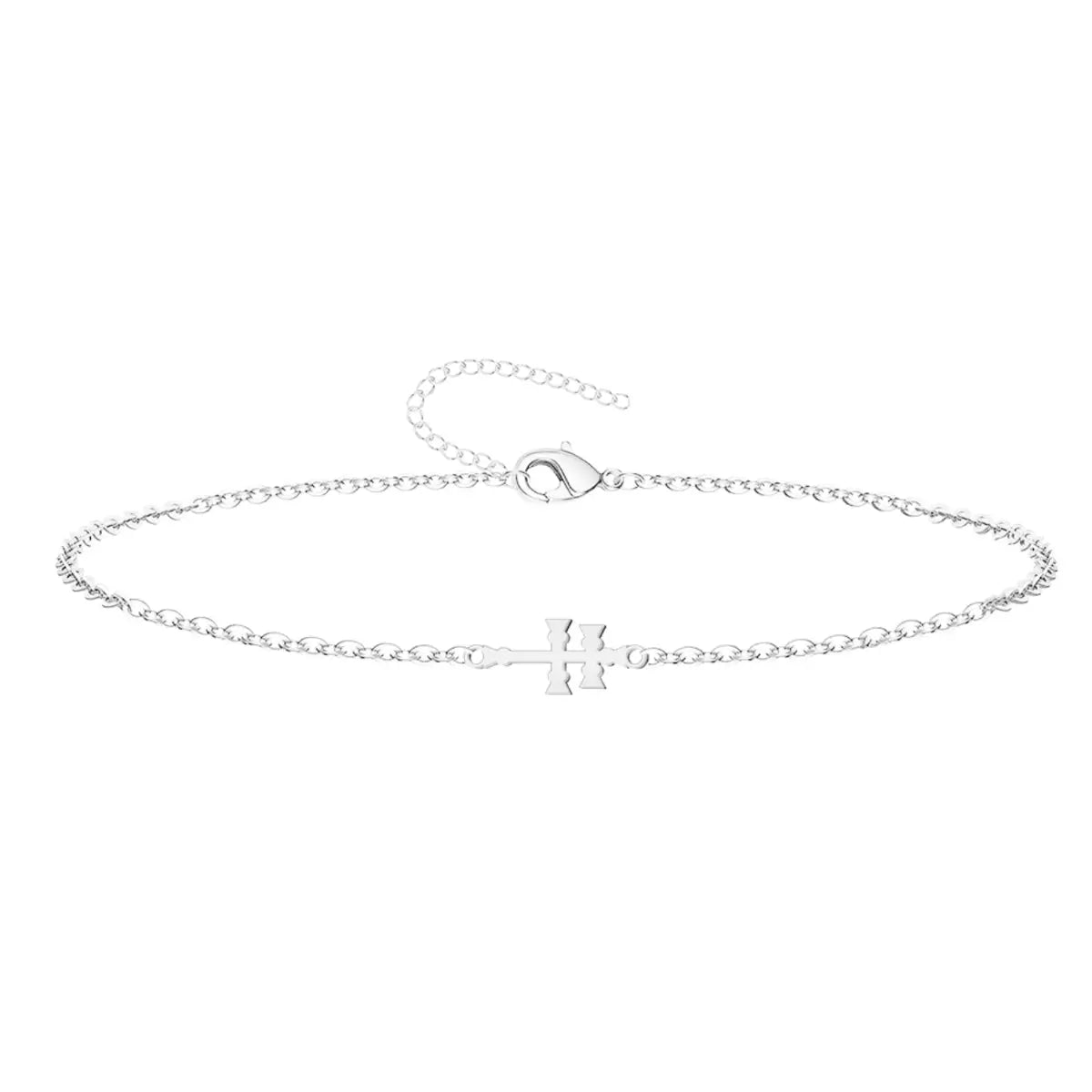 Pulsera de cadena fina en acero inoxidable plateado con la Cruz de Caravaca integrada en posición horizontal y cierre ajustable