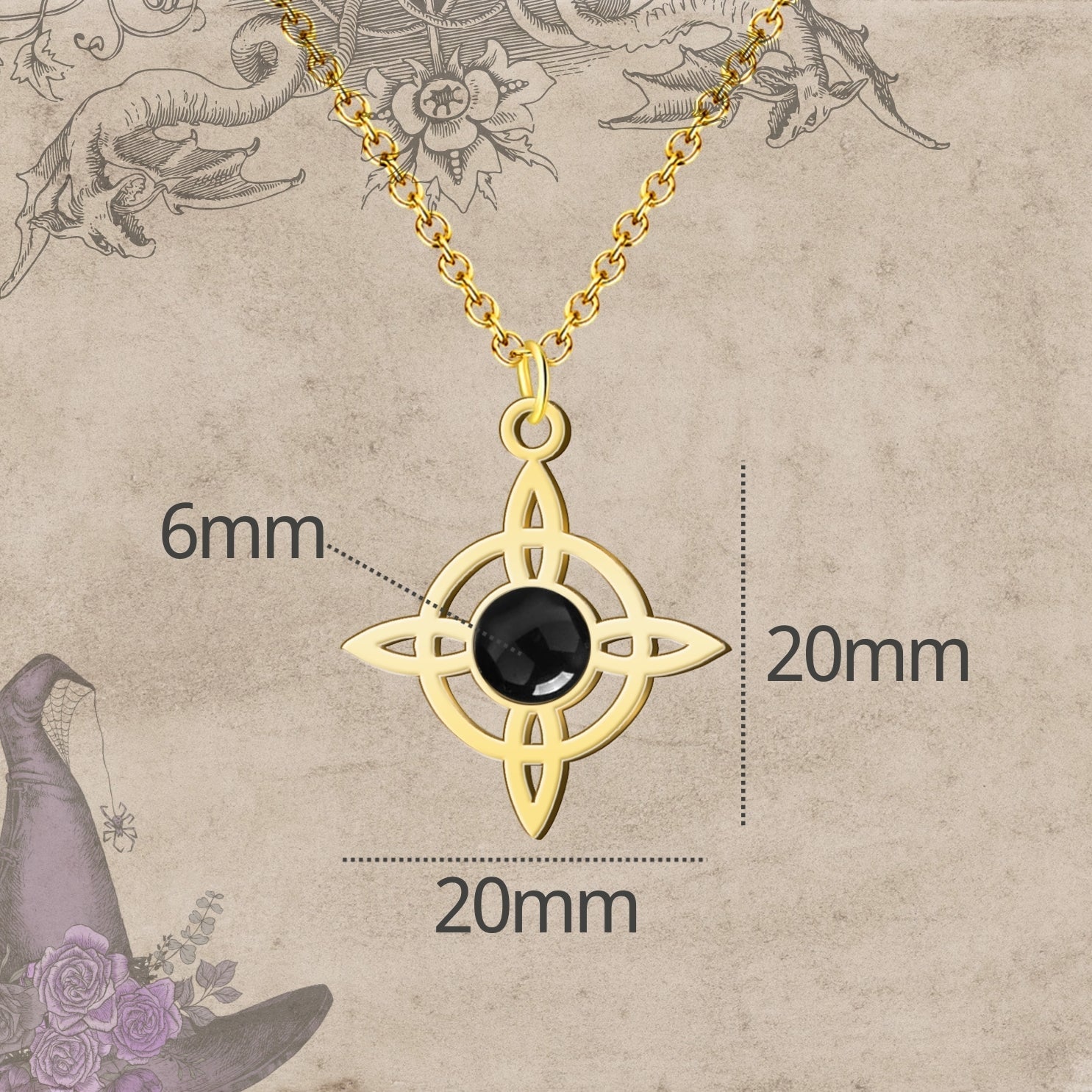 Colgante Nudo de Bruja con Agata Negra en Acero Dorado cotigo