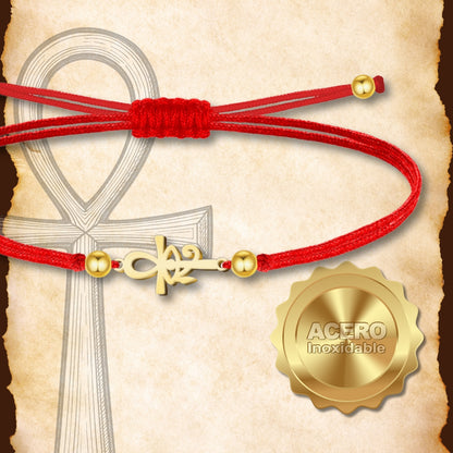 Pulsera Cruz Egipcia y Ojo Horus Dorado de Hilo En.Rojo