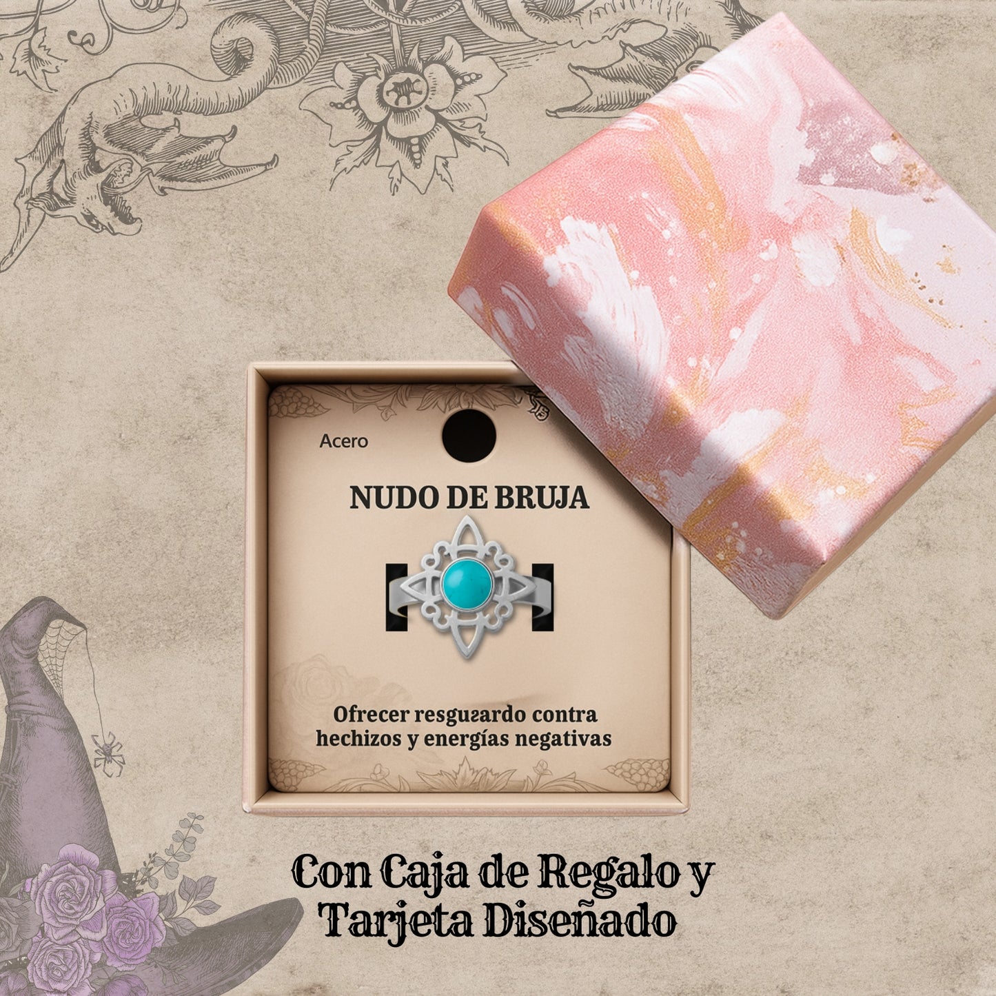 Anillo Nudo de Bruja Acero Plateado con Turquesa