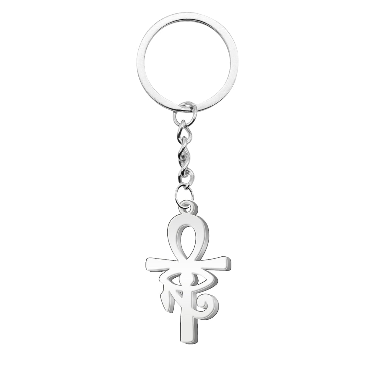 Llavero de acero inoxidable en color plateado que presenta el símbolo de la Cruz Egipcia (Ankh) con el Ojo de Horus integrado en su diseño central, unido a una argolla metálica mediante una cadena de eslabones corta.