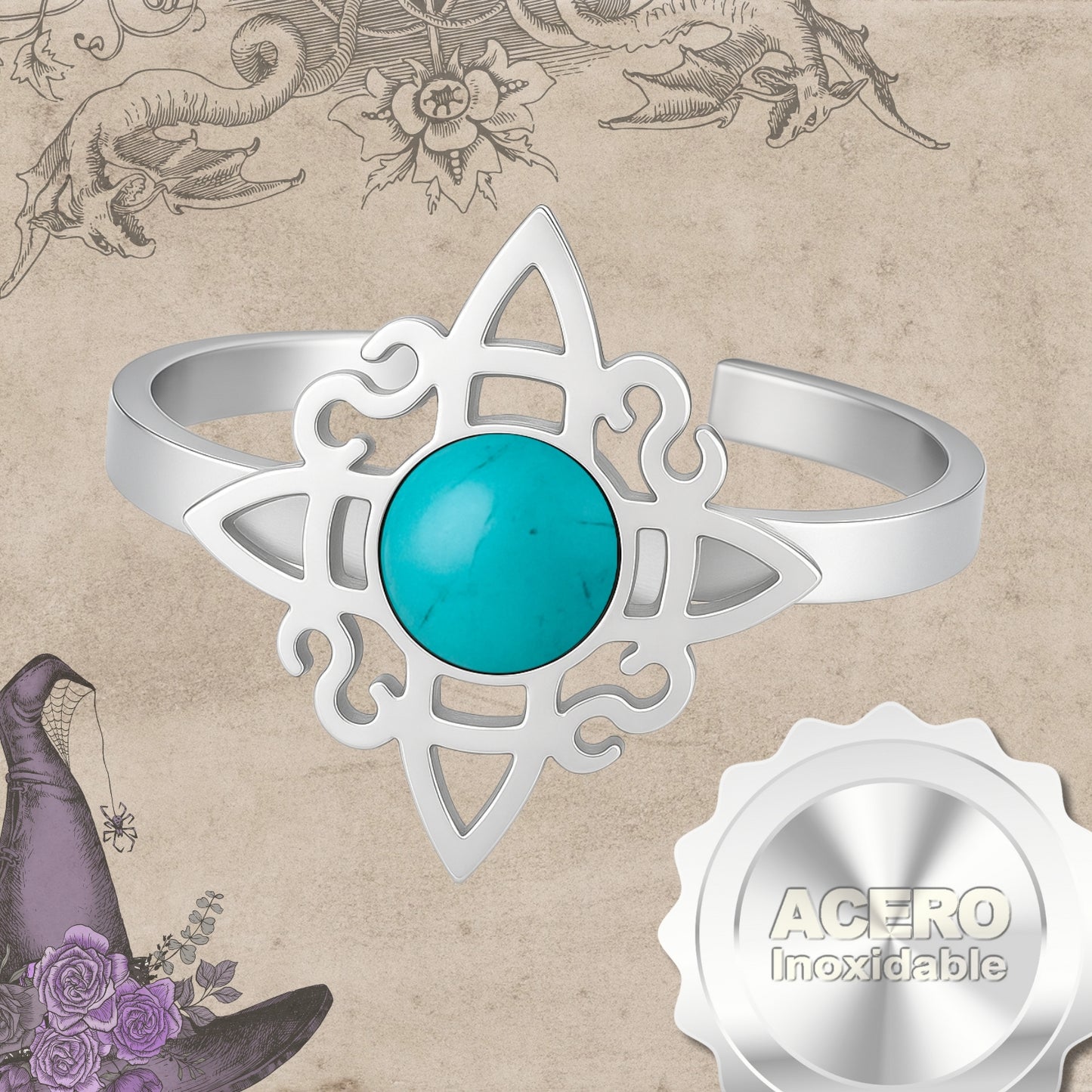 Anillo Nudo de Bruja Acero Plateado con Turquesa