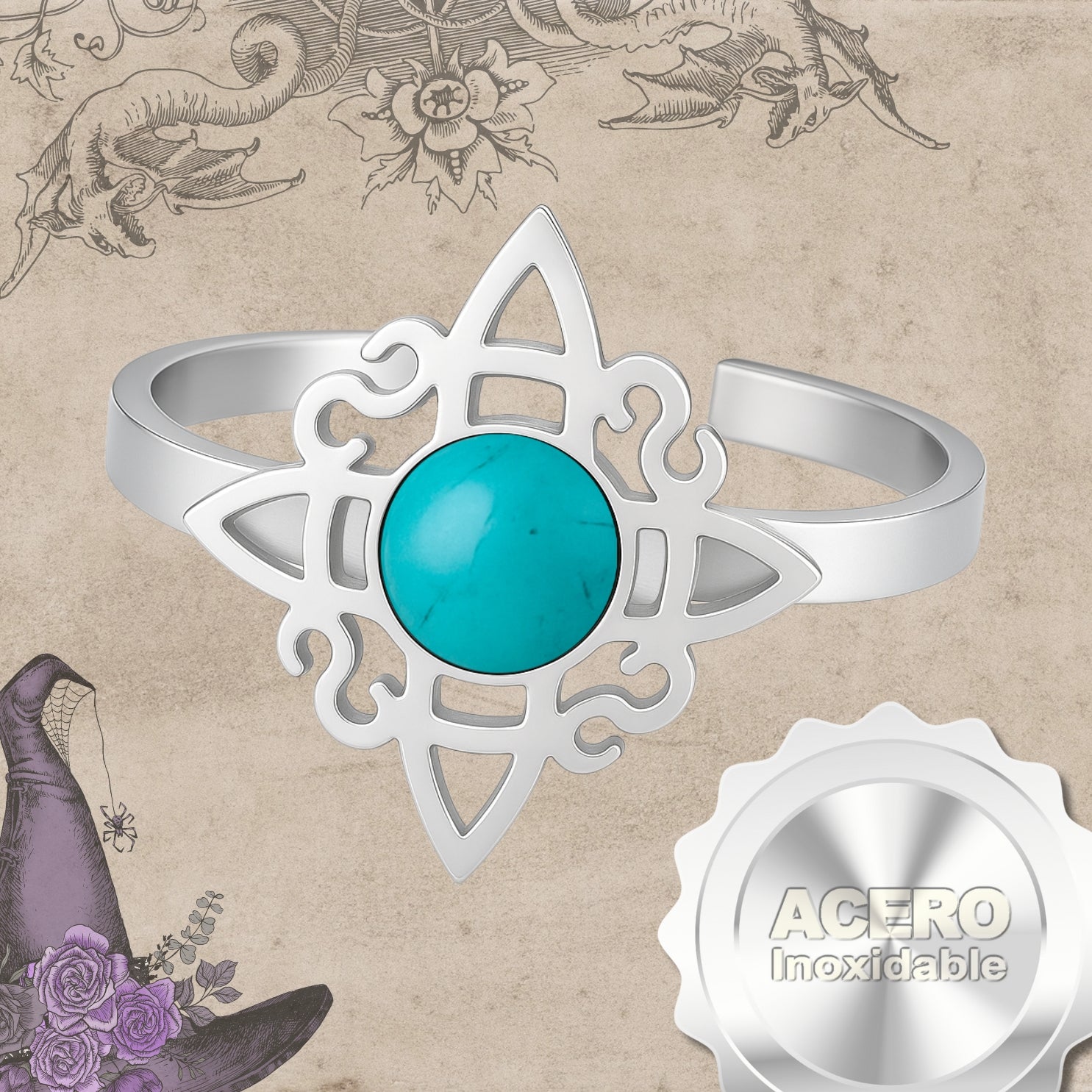 Anillo Nudo de Bruja con Turquesa en Acero Plateado - cotigo