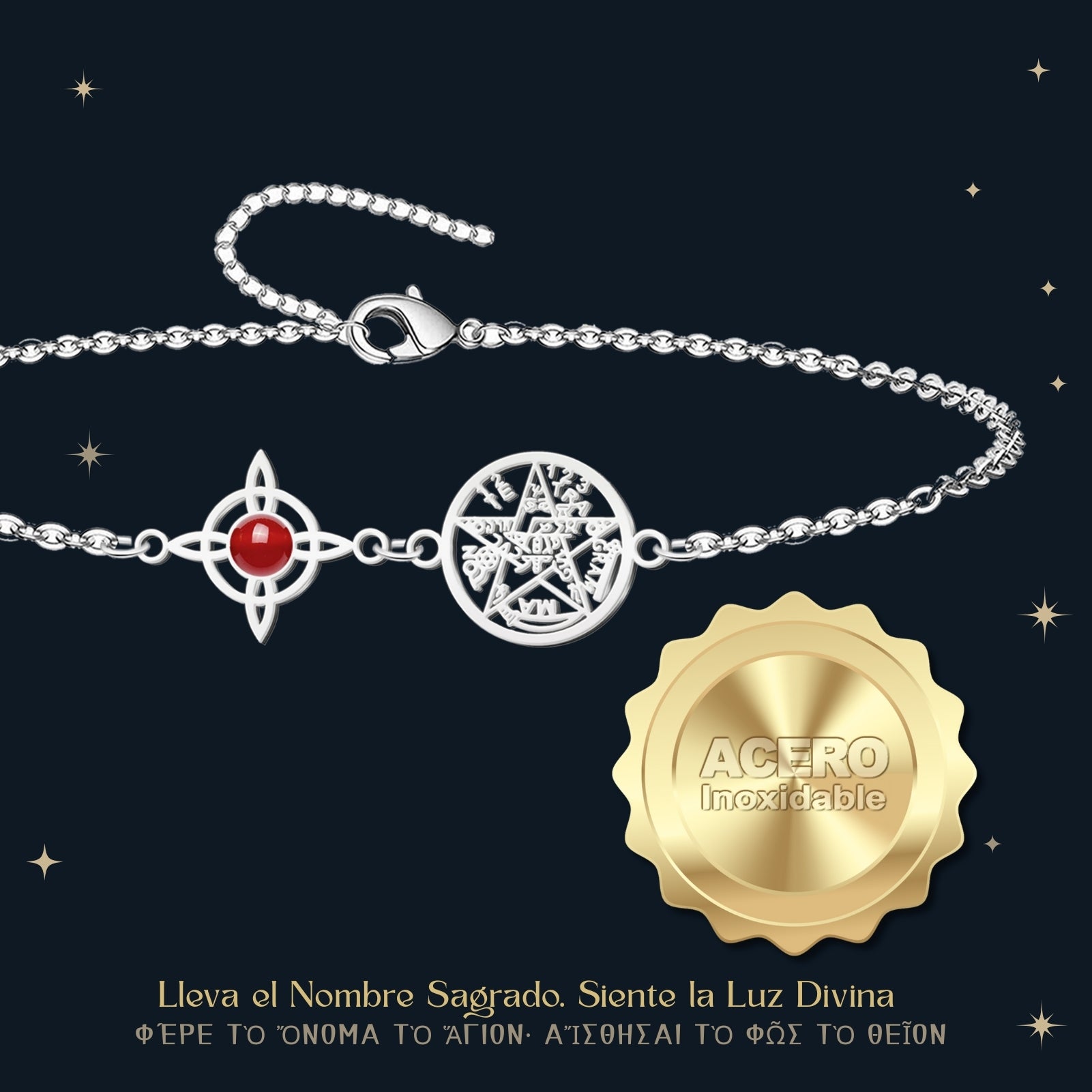 Pulsera Tetragrammaton y Nudo de Bruja con Carneola en Acero - cotigo