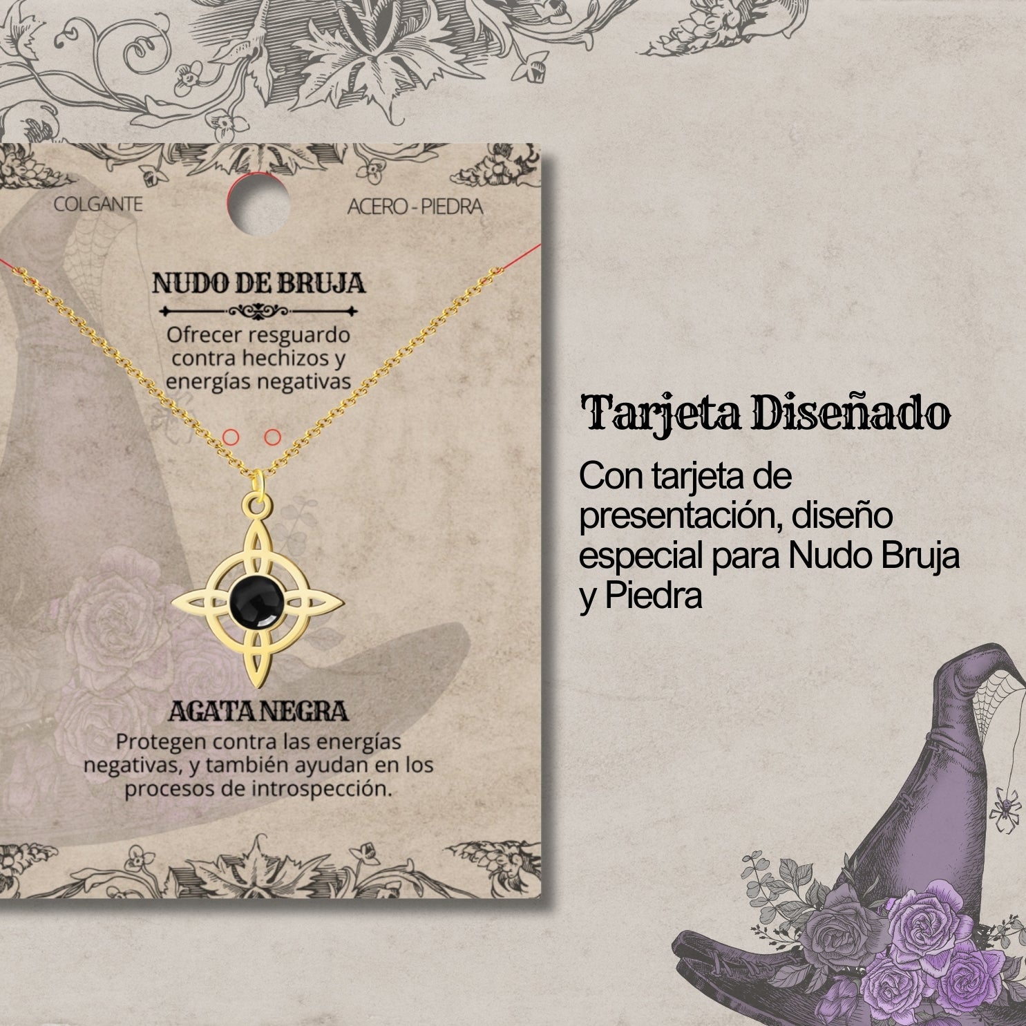 Colgante Nudo de Bruja con Agata Negra en Acero Dorado cotigo