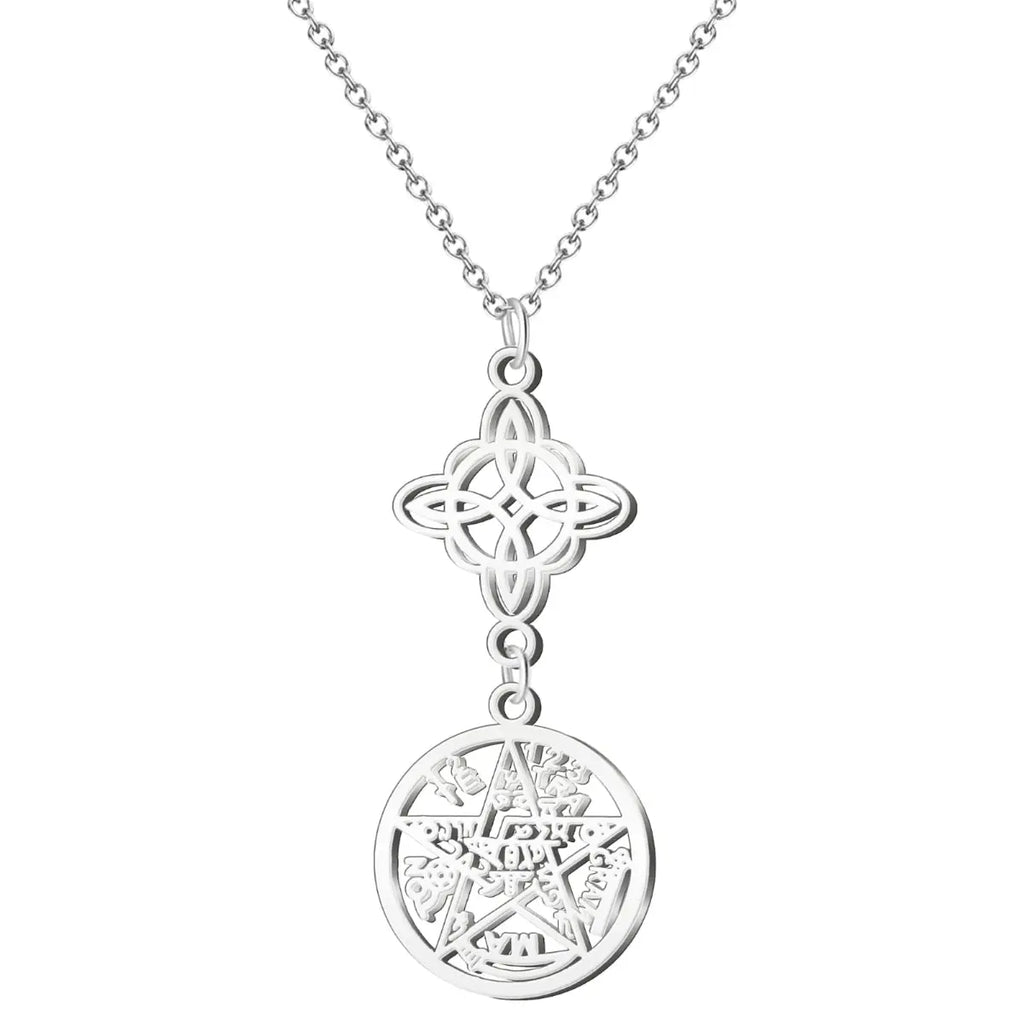 Colgante de protección en acero inoxidable color plateado (silver): Diseño calado vertical con Nudo de Bruja superior y medalla del Tetragramatón inferior.