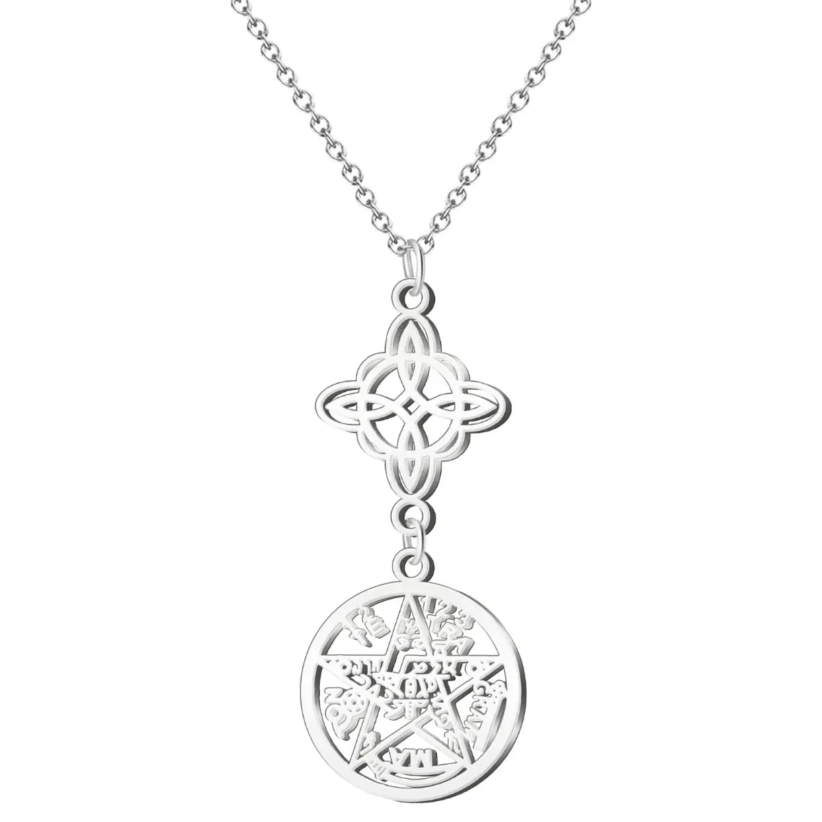 Colgante de protección en acero inoxidable color plateado (silver): Diseño calado vertical con Nudo de Bruja superior y medalla del Tetragramatón inferior.