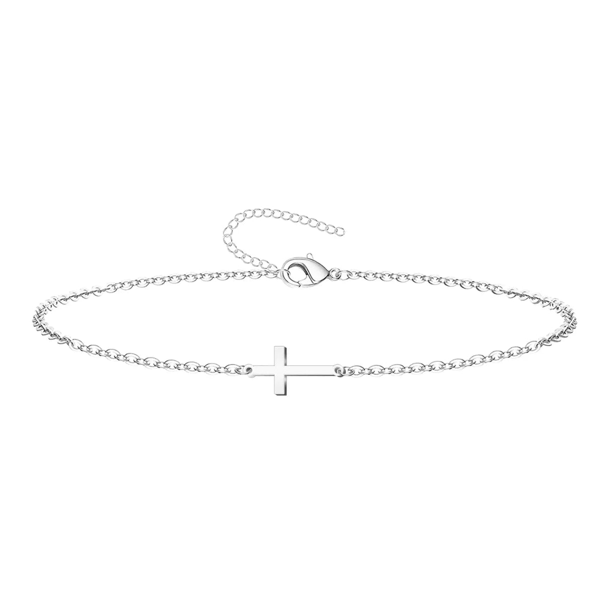 Pulsera de cadena fina con cruz latina horizontal en acero inoxidable plateado y cierre ajustable.