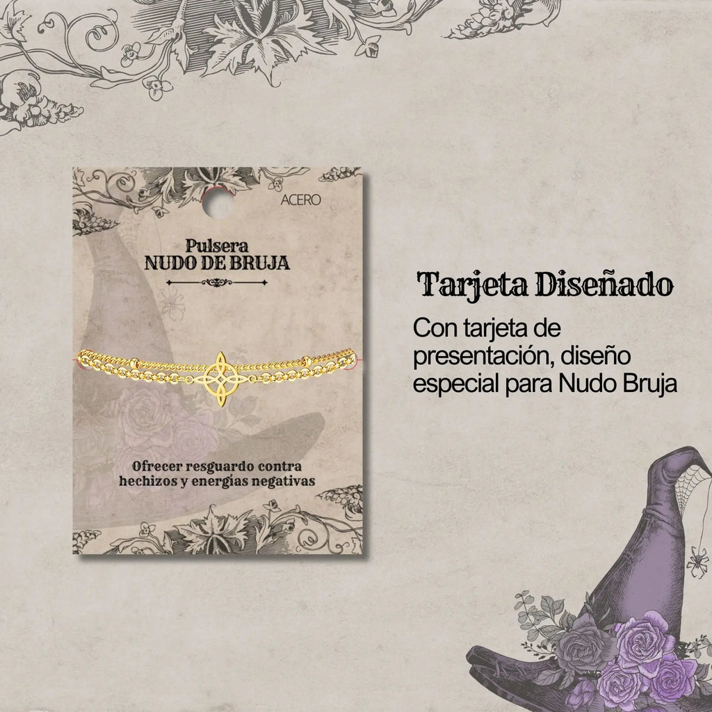 Pulsera Doble Cadena con Nudo de Bruja en Acero Dorado detalle