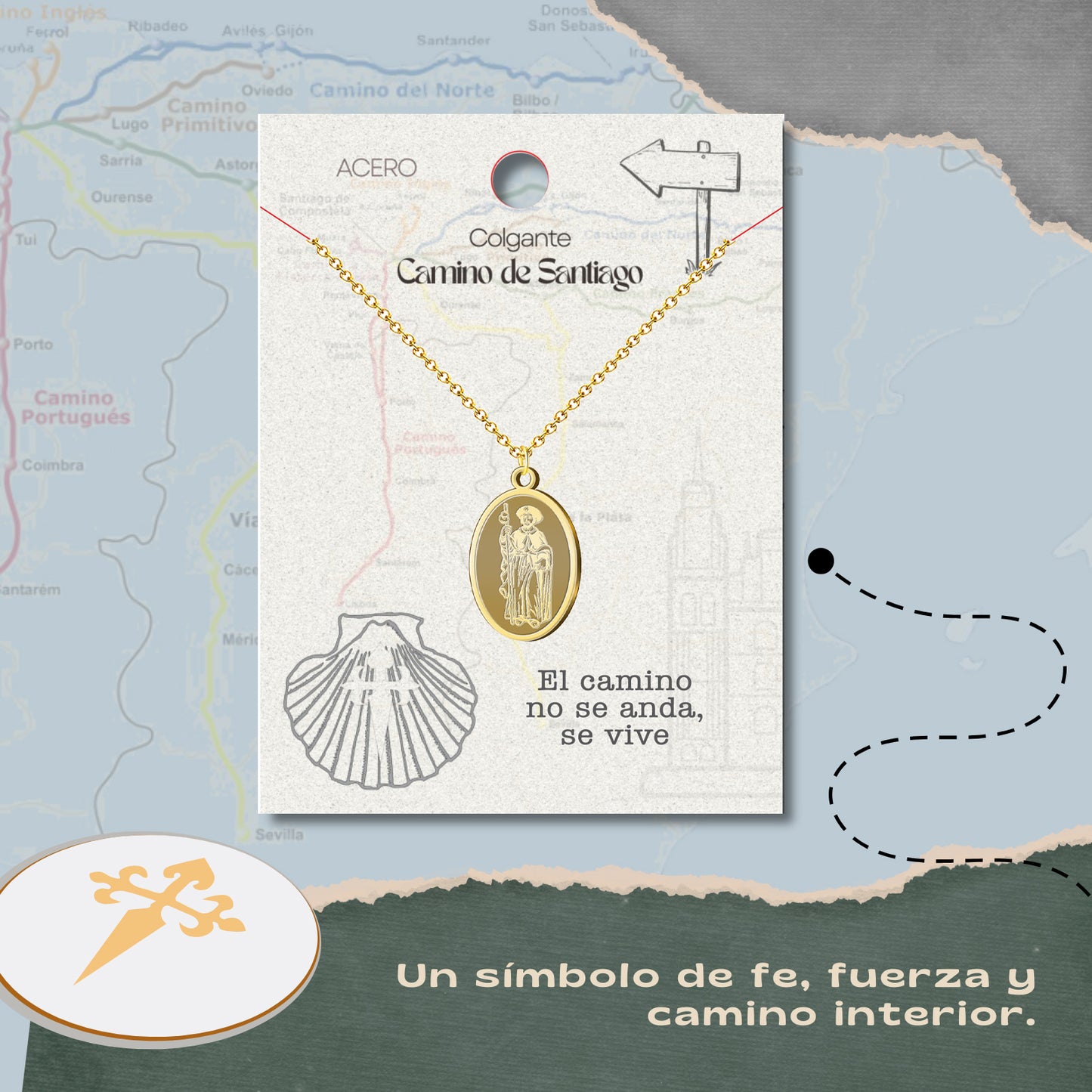 Collar del Camino de Santiago - Conchas de Santiago, recuerdos ruta del peregrino, cruz de santiago, joyas mujer + regalo una pulsera de 7 nudos.