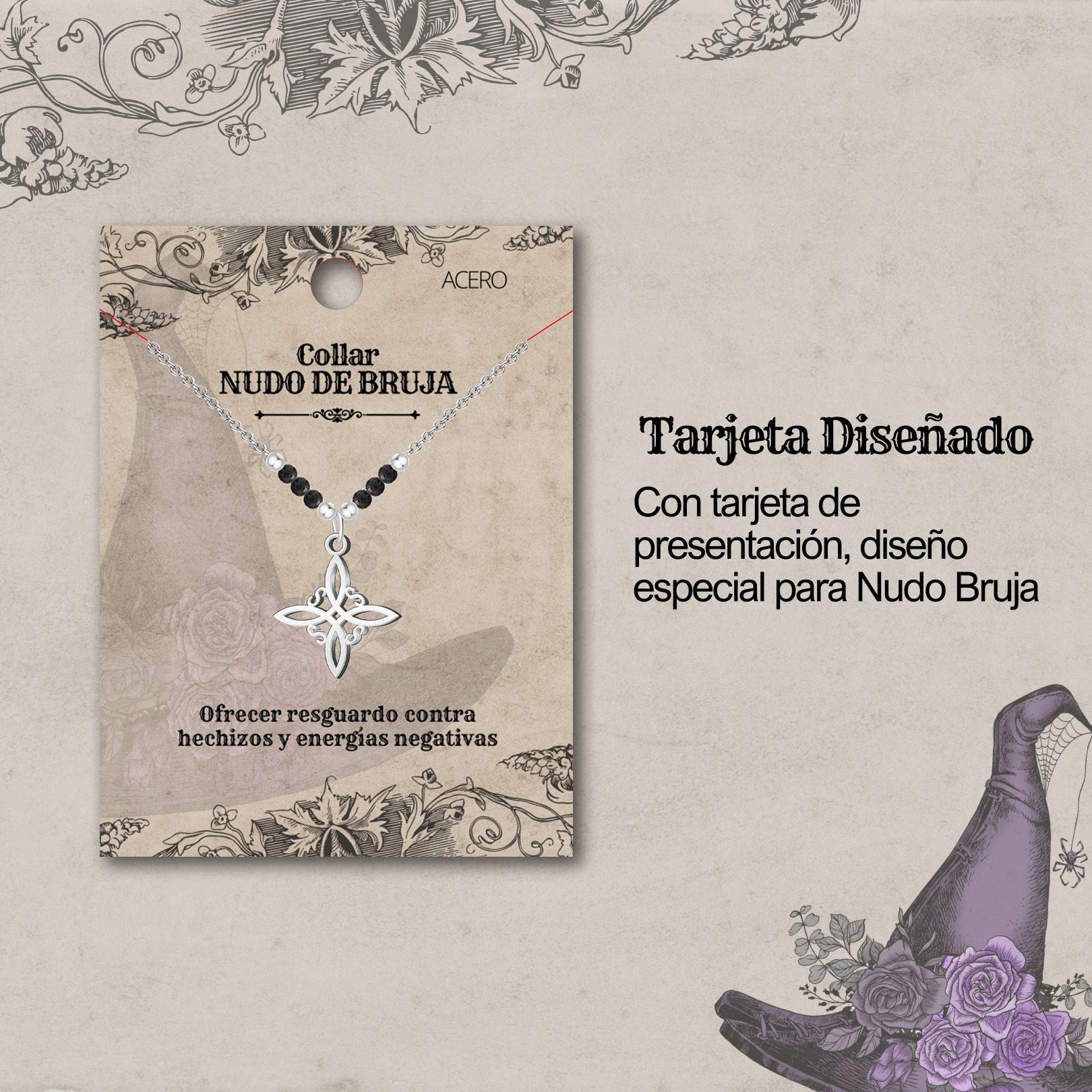 Collar Nudo de Bruja Acero Inoxidable con Piedra Volcánica - cotigo