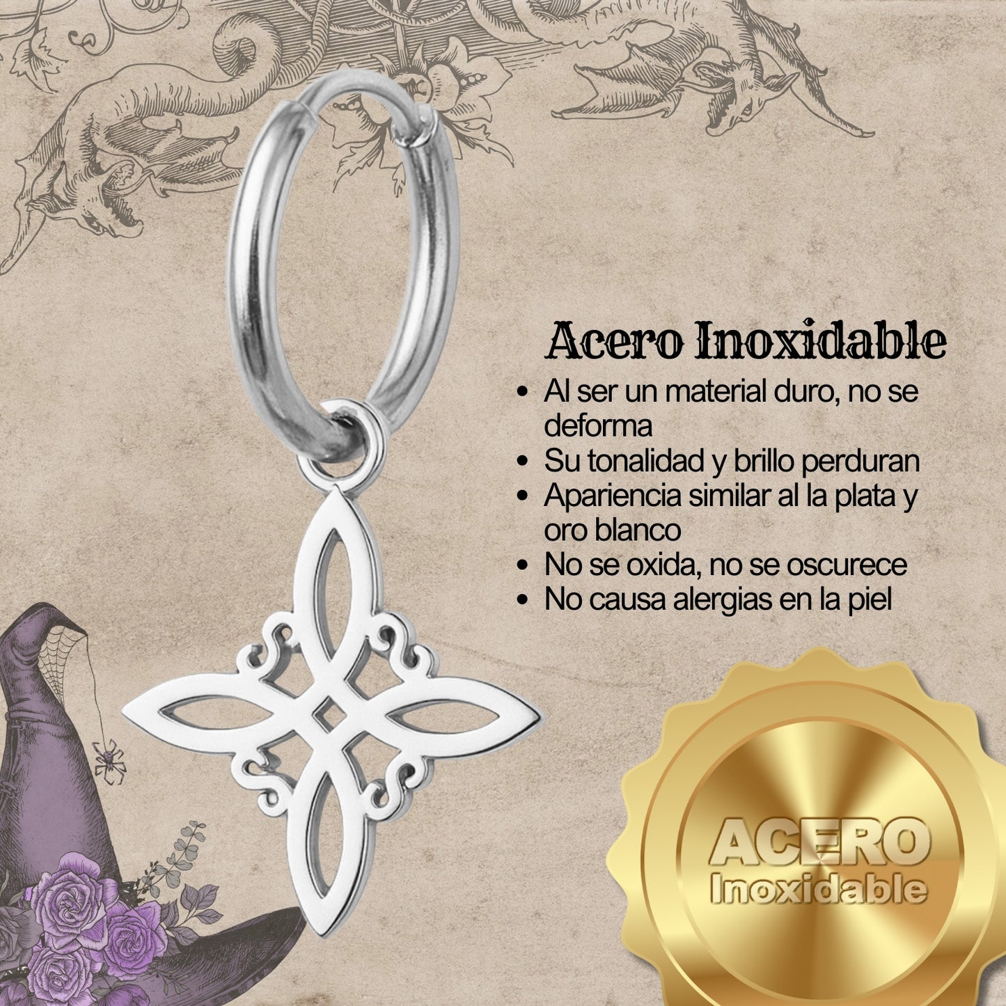 Pendientes Nudo de Bruja – Acero Inoxidable Plateado, Amuleto de Protección