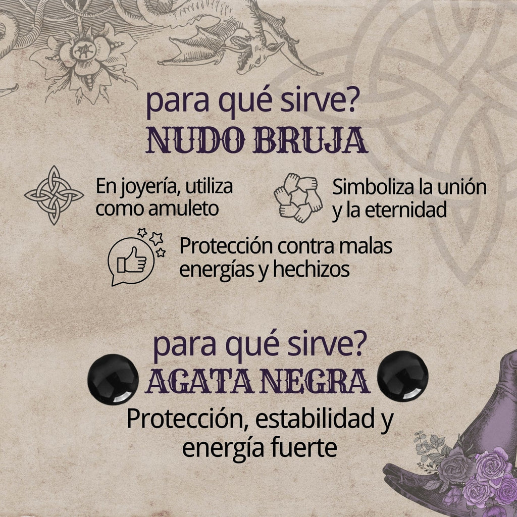 Colgante Nudo de Bruja con Agata Negra en Acero Dorado cotigo
