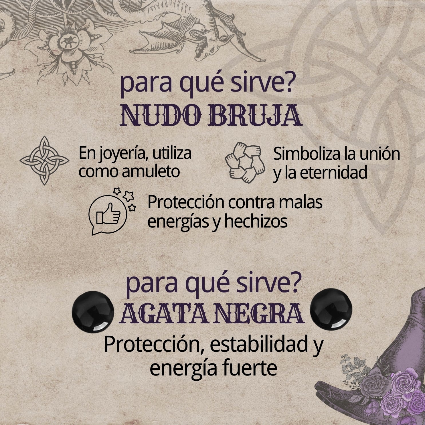 Colgante Nudo de Bruja con Agata Negra en Acero Dorado cotigo