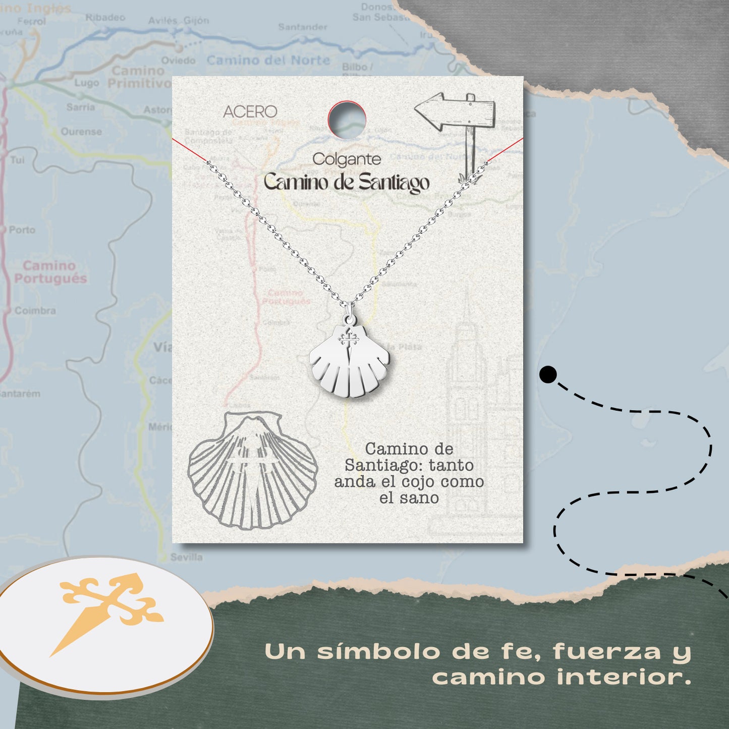 Collar del Camino de Santiago - Conchas de Santiago, recuerdos ruta del peregrino, cruz de santiago, joyas mujer + regalo una pulsera de 7 nudos.