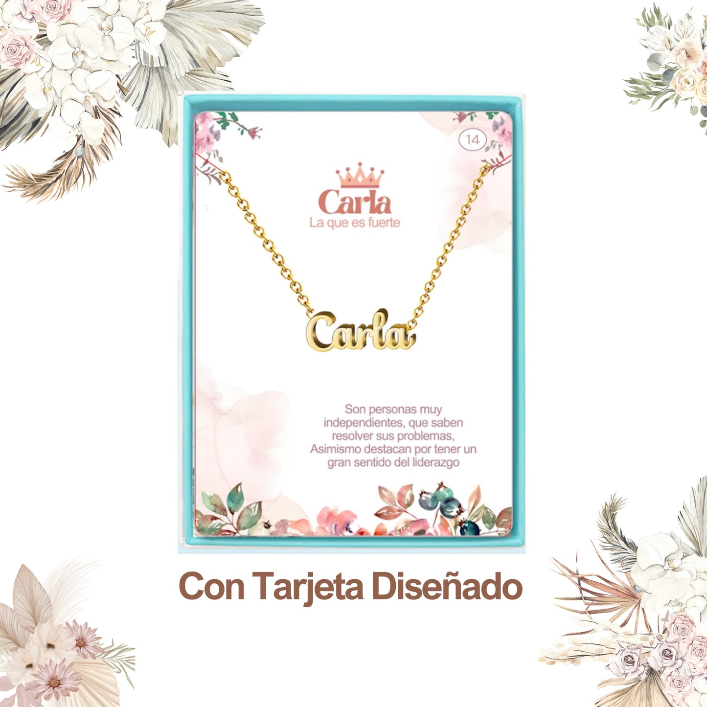 Collar con Nombre en Acero Inoxidable, Color Dorado, Incluye Tarjeta con el Significado de 60 Nombres + Caja de Regalo  y Pulsera 7 Nudos de Regalo