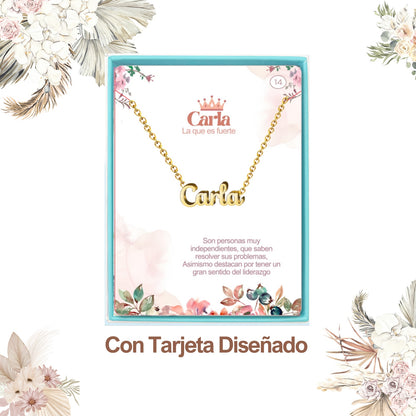 Collar con Nombre en Acero Inoxidable, Color Dorado, Incluye Tarjeta con el Significado de 60 Nombres + Caja de Regalo  y Pulsera 7 Nudos de Regalo