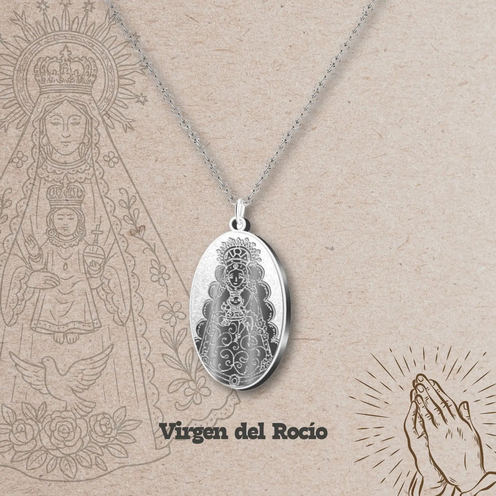 Colgante Virgen del Rocío Medalla Grabada Acero Plateado textura