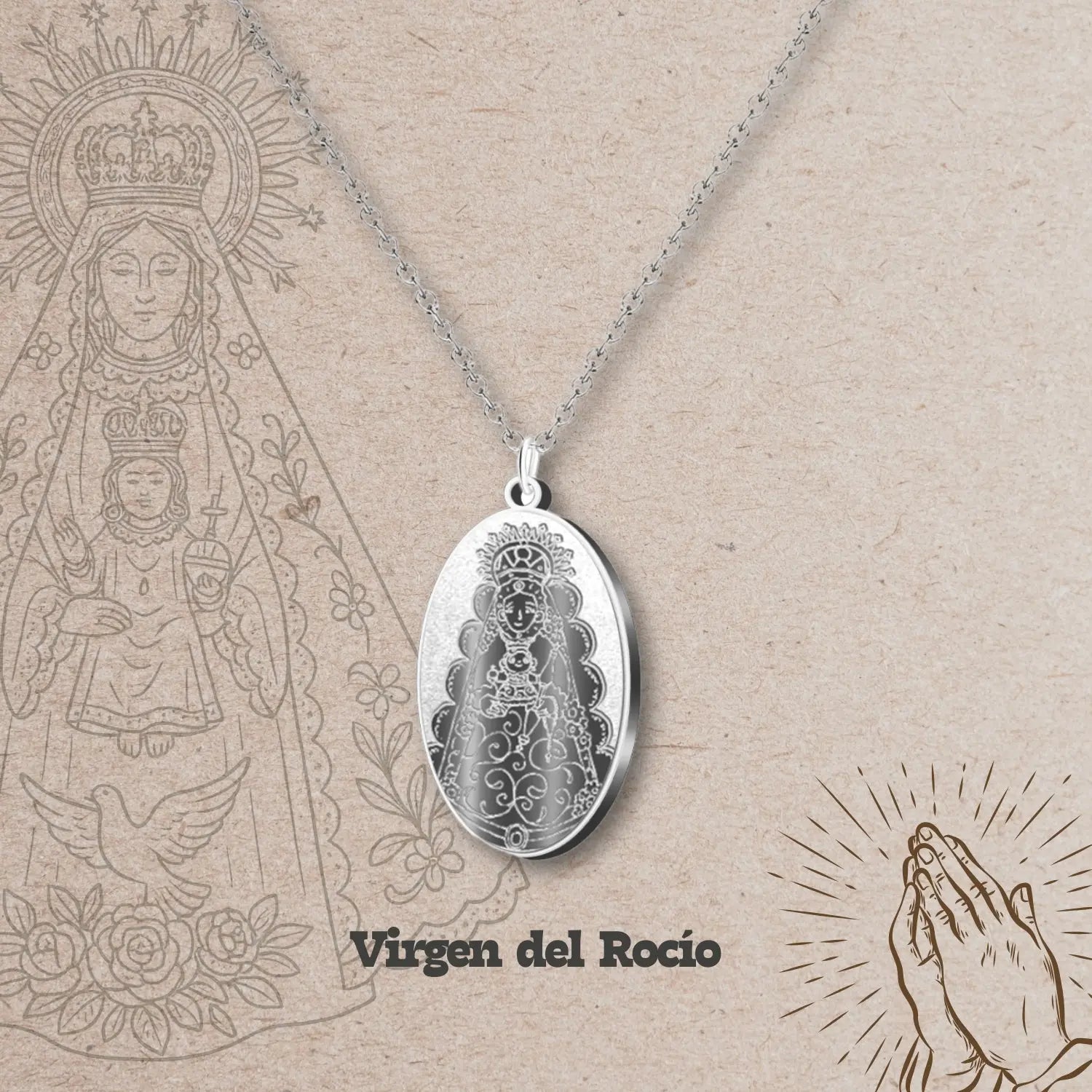 Colgante Virgen del Rocío Medalla Grabada Acero Plateado - cotigo