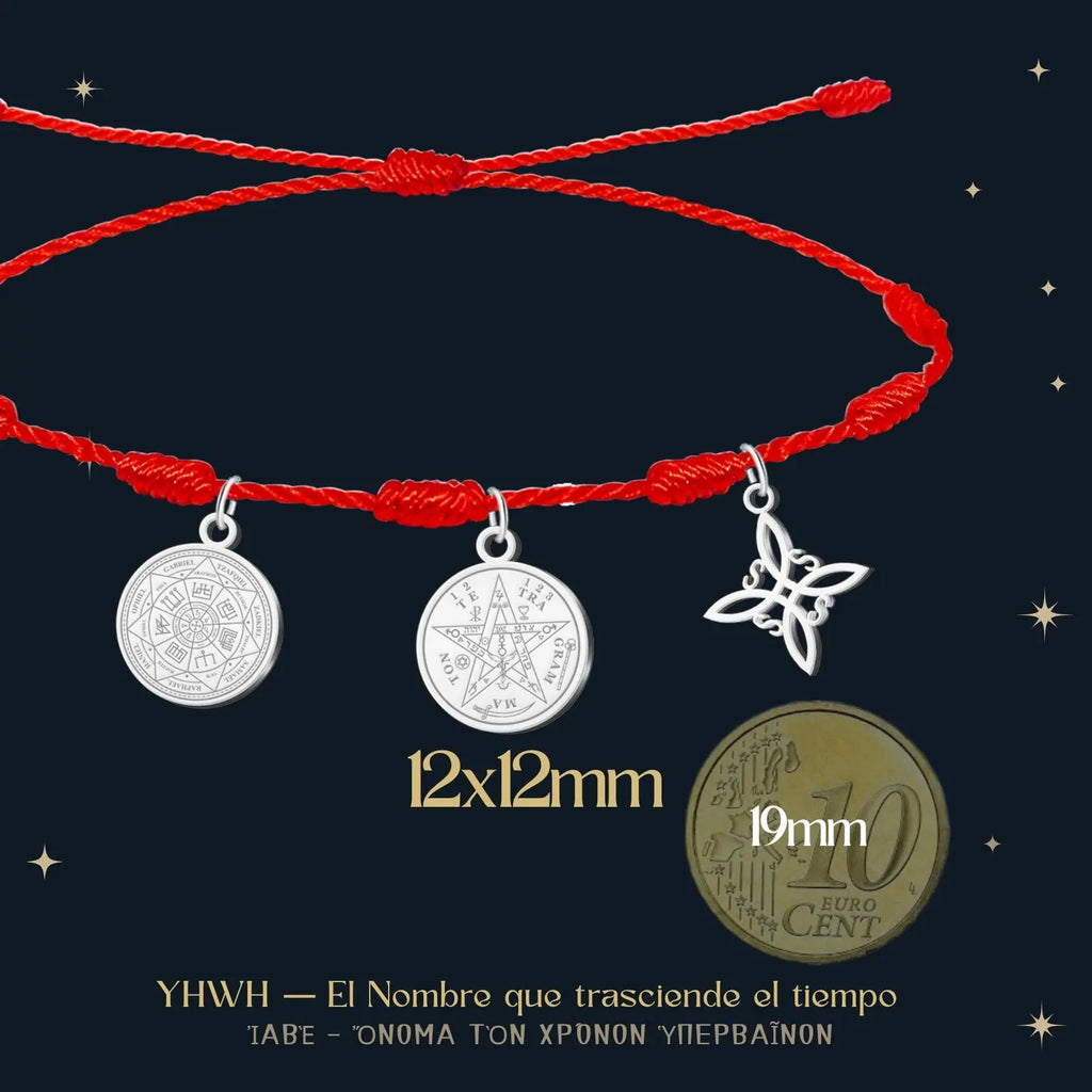 Pulsera 7 Nudos con Colgante Plateado: Tetragrammaton, Nudo de Bruja y Arcángeles - cotigo