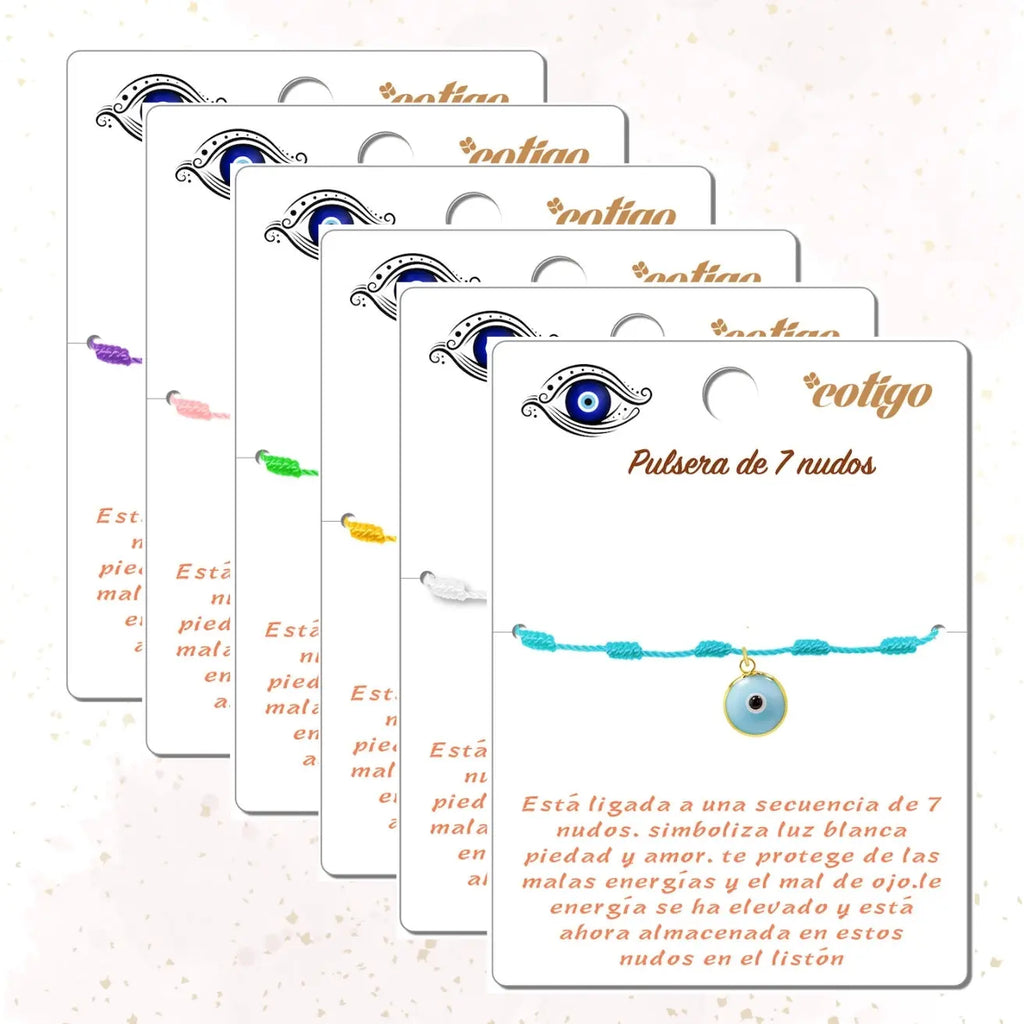 ✨6 Pulseras 7 Nudos con Ojo de Turco 🧿 Hecha a Mano 🌈 Varios Colores con Significado Especial 💫 Incluye Tarjeta Diseñada 🎁 Amuleto de Protección y Suerte 🍀 - cotigo