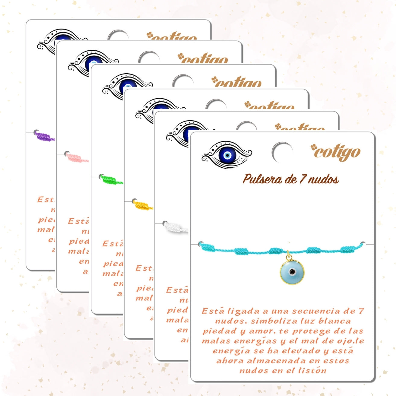 ✨6 Pulseras 7 Nudos con Ojo de Turco 🧿 Hecha a Mano 🌈 Varios Colores con Significado Especial 💫 Incluye Tarjeta Diseñada 🎁 Amuleto de Protección y Suerte 🍀