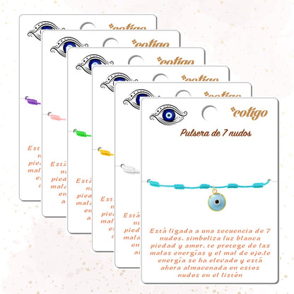✨6 Pulseras 7 Nudos con Ojo de Turco 🧿 Hecha a Mano 🌈 Varios Colores con Significado Especial 💫 Incluye Tarjeta Diseñada 🎁 Amuleto de Protección y Suerte 🍀