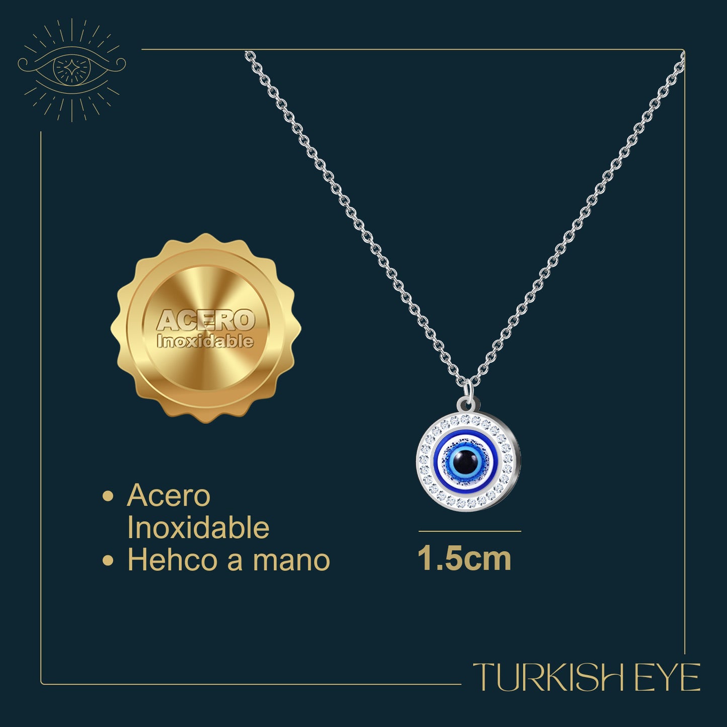 Collar Ojo Turco Acero Inoxidable | Amuleto contra el mal de ojo y energías negativas + Regalo Pulsera 7 Nudos