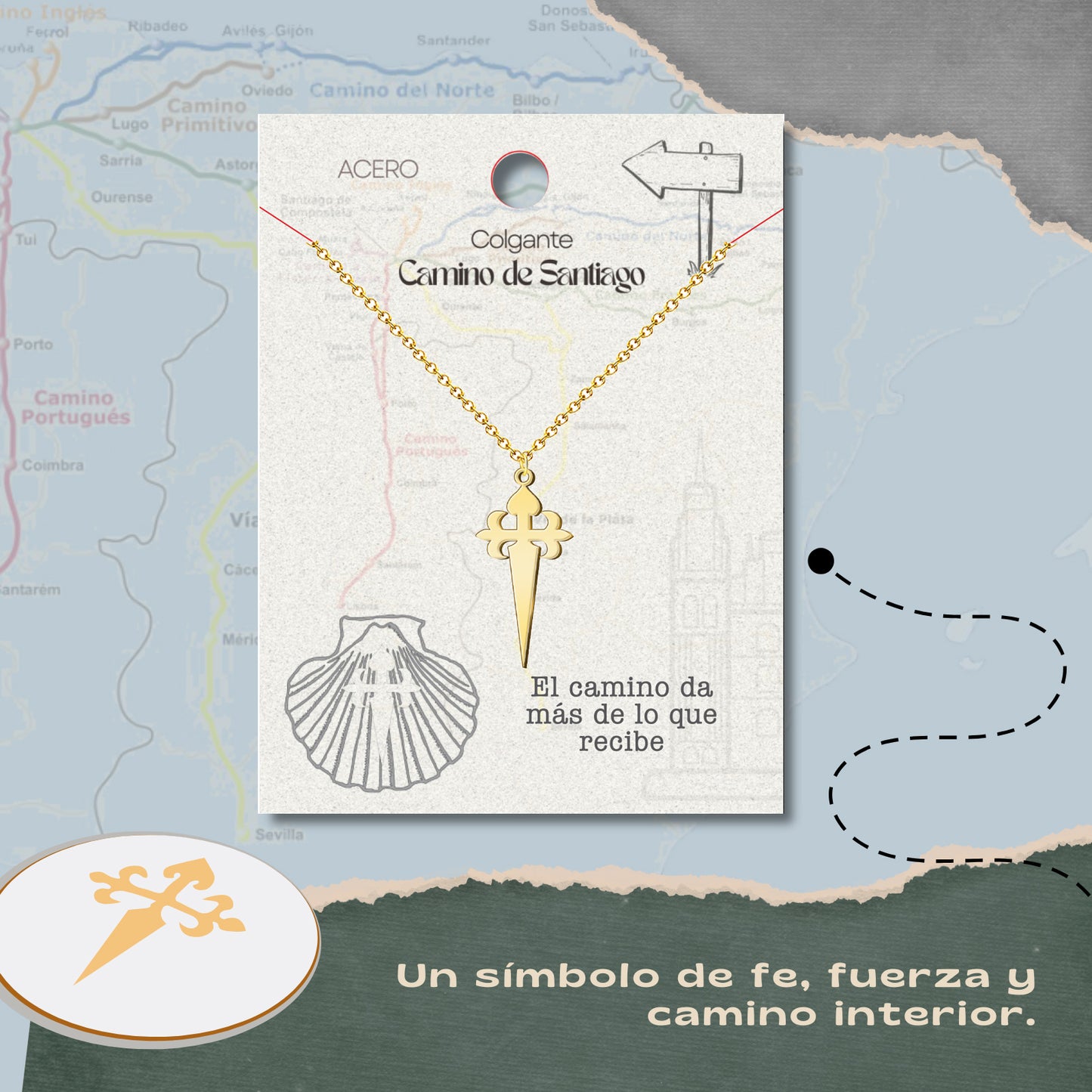 Collar del Camino de Santiago - Conchas de Santiago, recuerdos ruta del peregrino, cruz de santiago, joyas mujer + regalo una pulsera de 7 nudos.