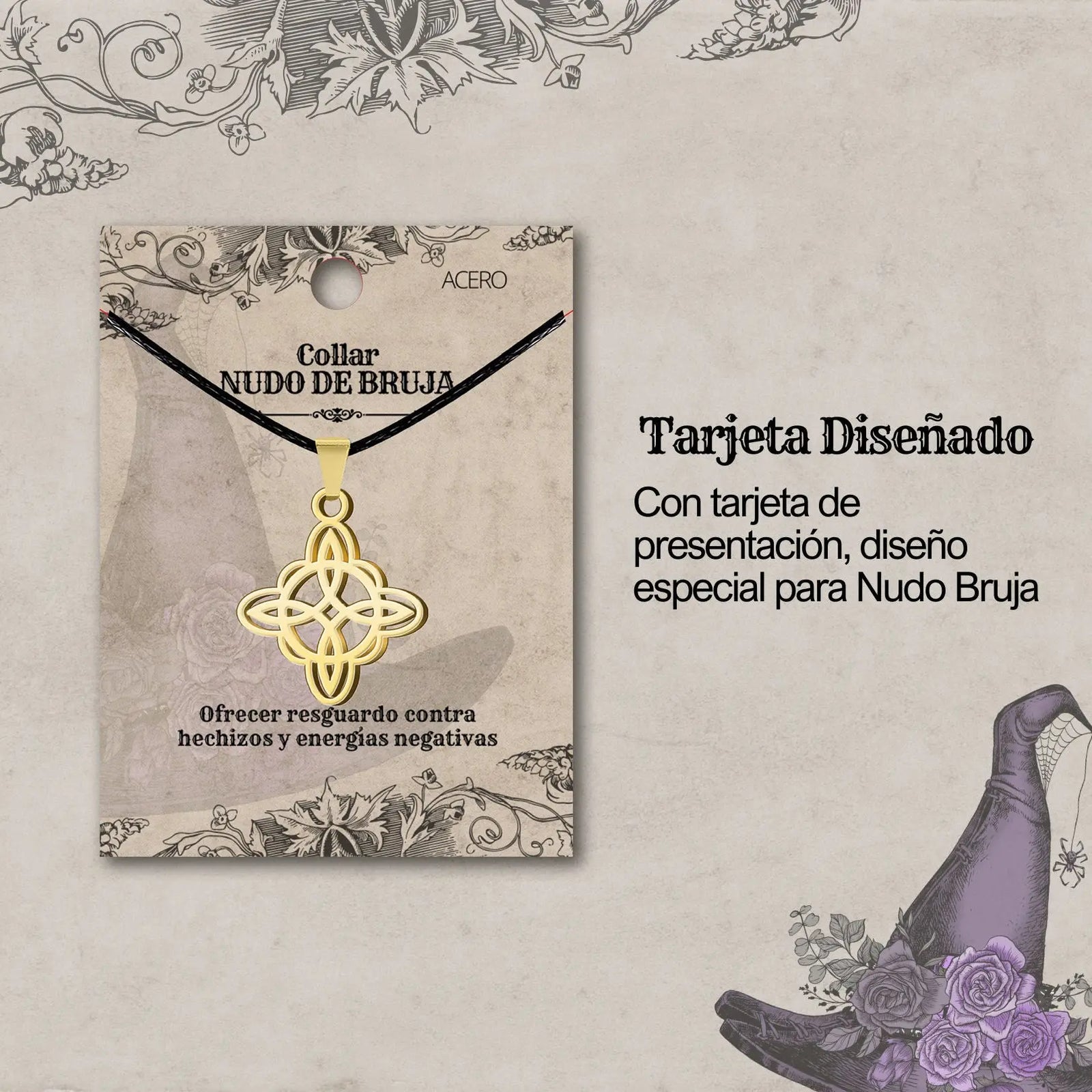 Colgante Nudo de Bruja Acero Dorado detalle